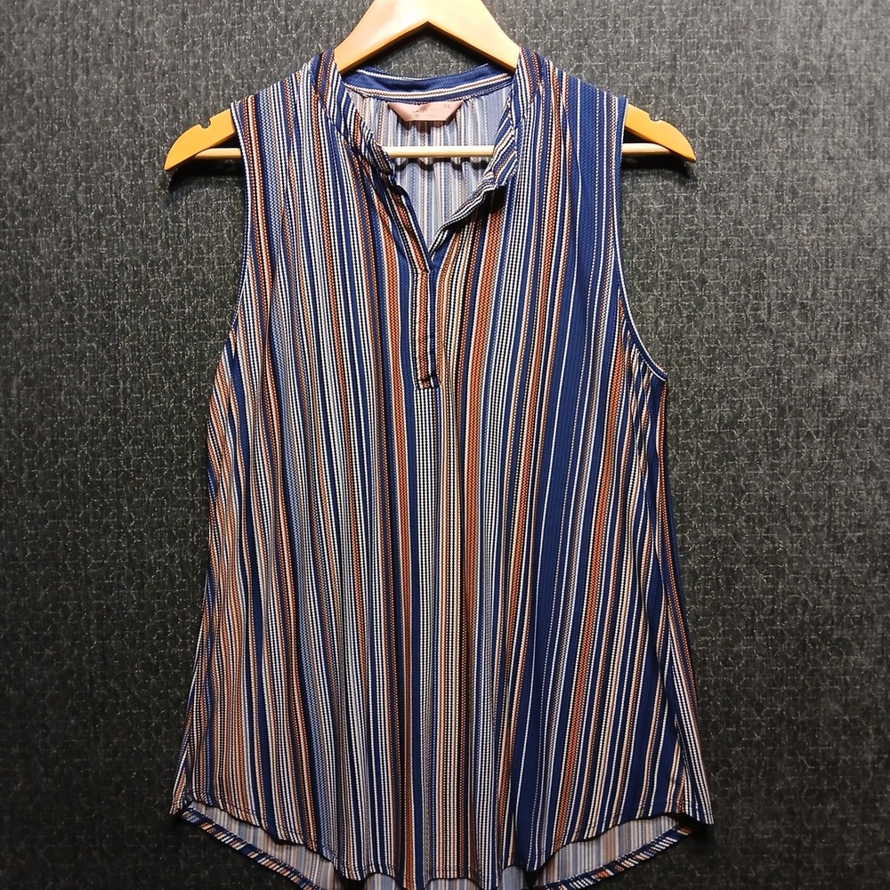 SJS Womens XL Sleeveless Split Neck Blouse Blue Orange Striped Textured Top